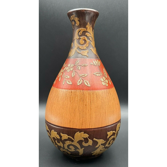 Heritage Mint Ceramic Faux Wood Grain Red Brown Gold Floral Vase 8" 2009 EUC - Picture 3 of 7